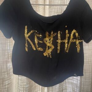 Black Crop Tee with Gold Sequin 'KE$HA' Graphic